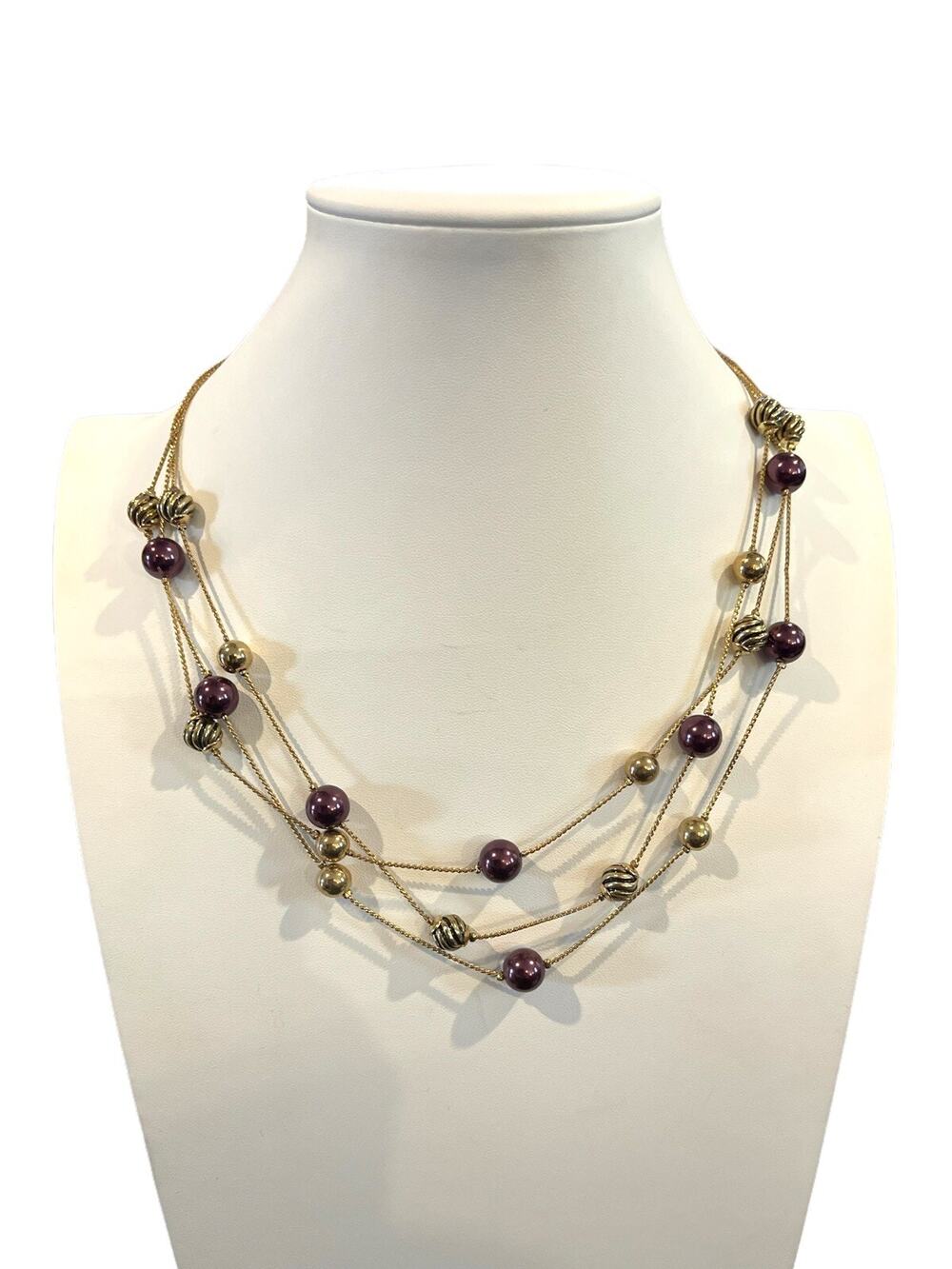 Vintage Purple Pearls And Gold Tone Metal Multi Strand Necklace - Estate